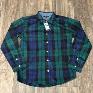 NEW TOMMY HILFIGER BOYS PLAID SHIRT SIZE L 4/16 GREEN BLUE CASUAL FORMAL BUTTON